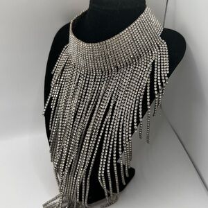 Silver Fringe Crystal Statement Necklace - Women Jewelry